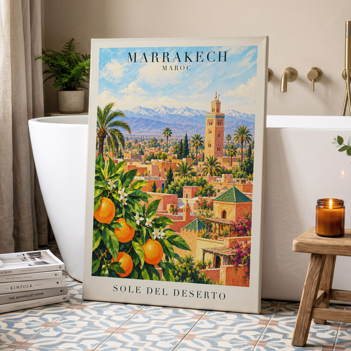 Marrakech Orange Glow, orange, green, blue abstract wall art displayed in a styled interior, gallery view 7