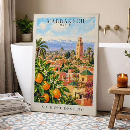 Marrakech Orange Glow, orange, green, blue abstract wall art displayed in a styled interior, gallery view 7