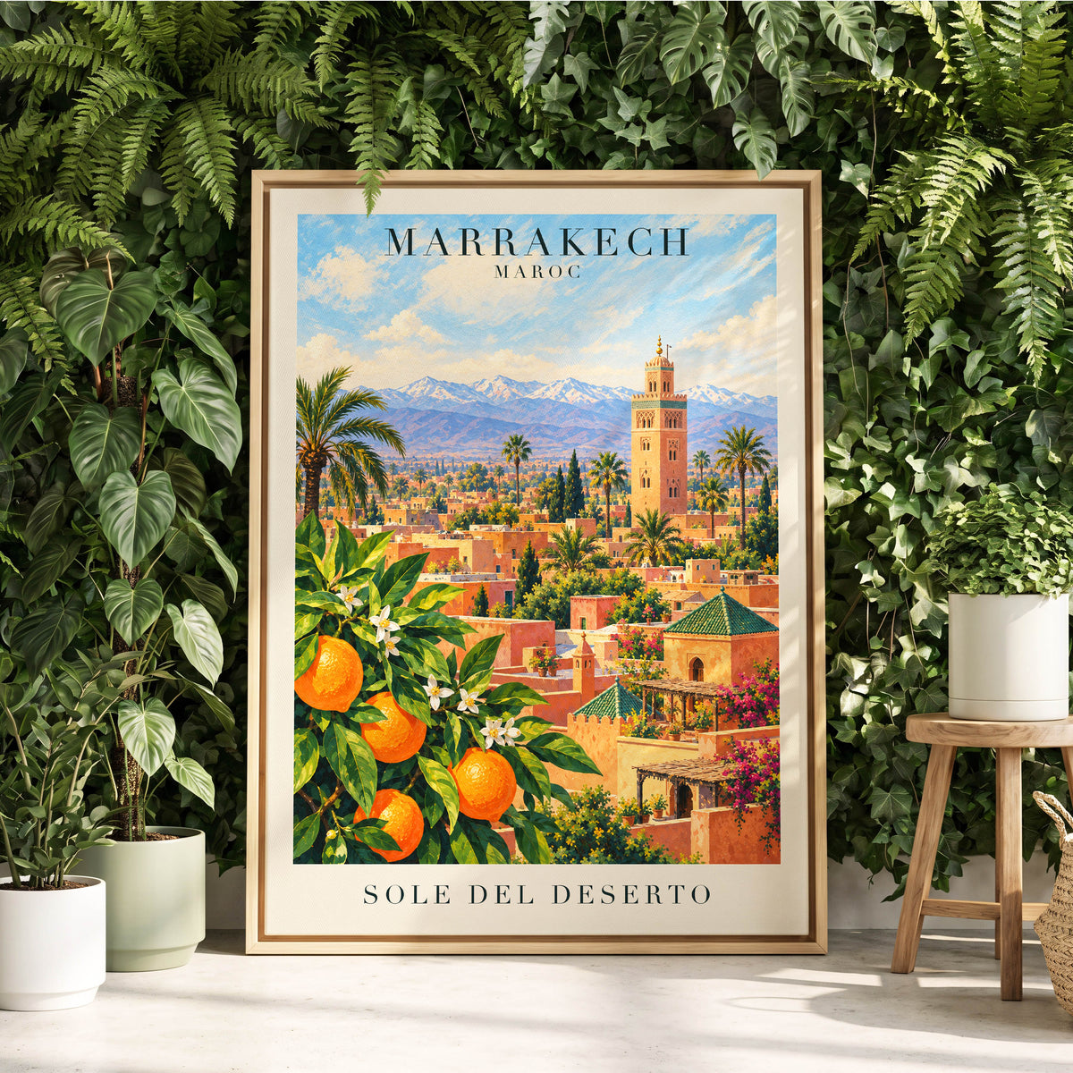 Marrakech Orange Glow, orange, green, blue abstract wall art displayed in a styled interior, gallery view 8