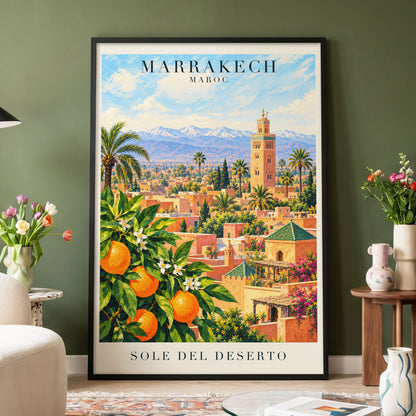 Marrakech Orange Glow, orange, green, blue abstract wall art displayed in a styled interior, gallery view 9