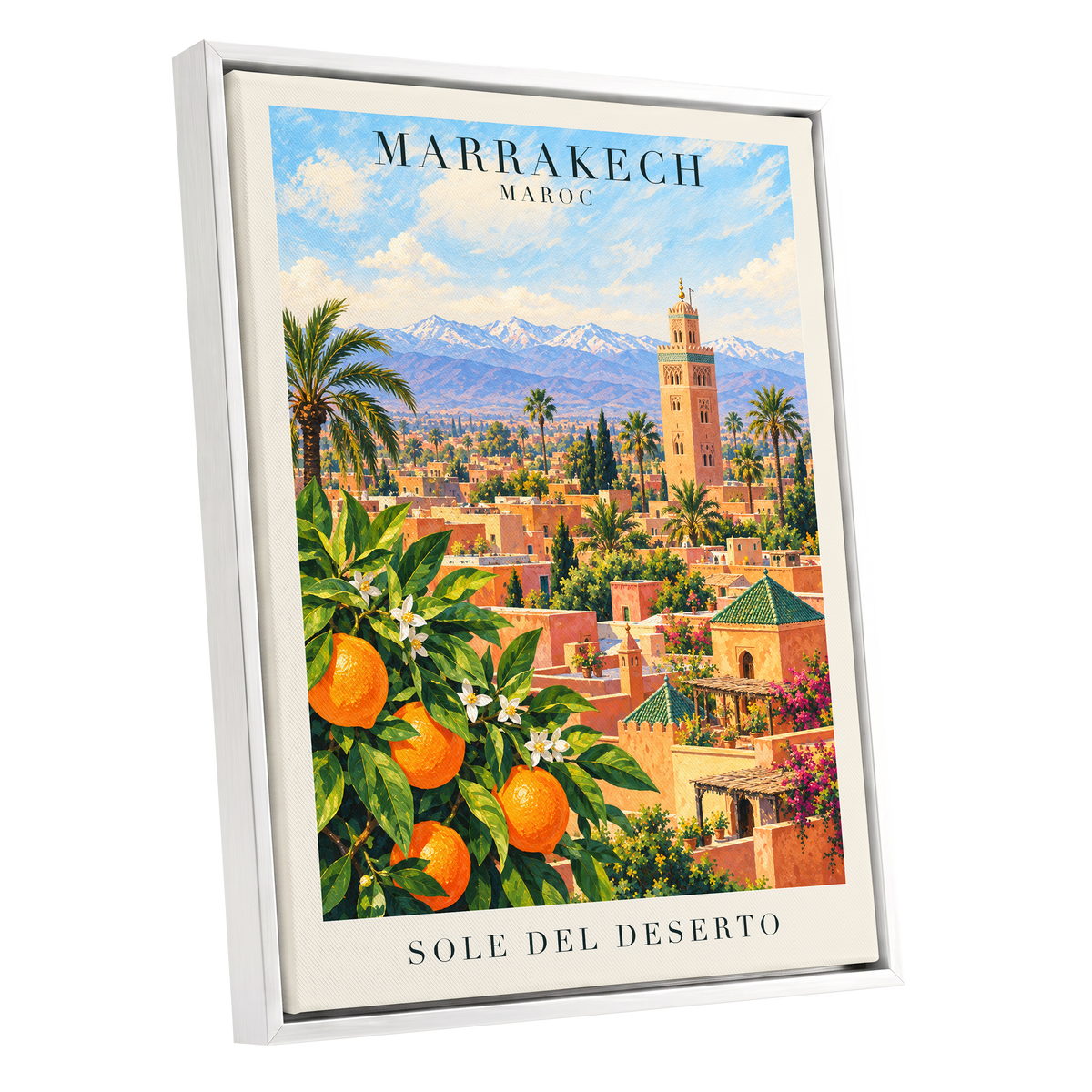 Marrakech Orange Glow, orange, green, blue abstract wall art shown as a white framed canvas wall art