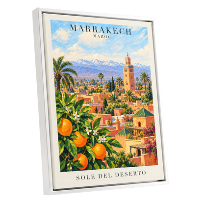 Marrakech Orange Glow, orange, green, blue abstract wall art shown as a white framed canvas wall art