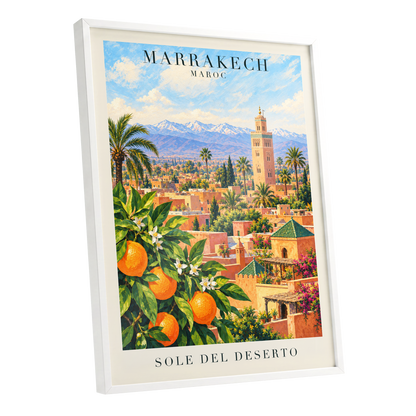 Marrakech Orange Glow, orange, green, blue abstract wall art shown as a white framed poster wall art print