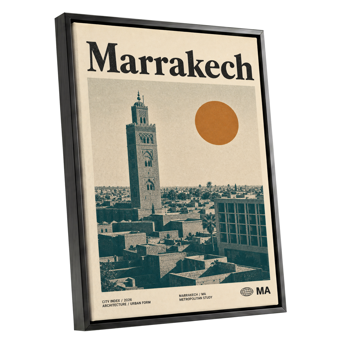 Marrakech Sun Atlas, beige, green, orange minimalist wall art shown as a black framed canvas wall art