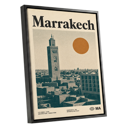 Marrakech Sun Atlas, beige, green, orange minimalist wall art shown as a black framed canvas wall art