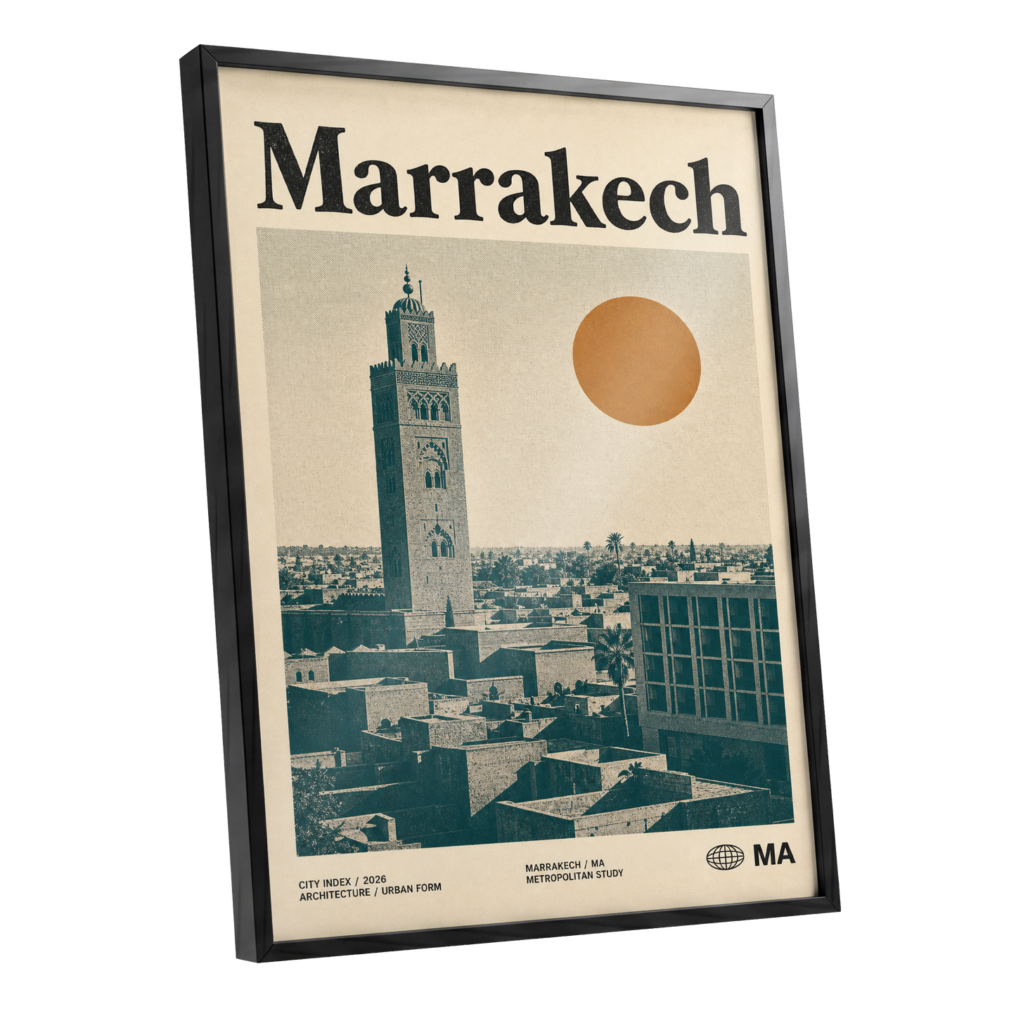 Marrakech Sun Atlas, beige, green, orange minimalist wall art shown as a black framed poster wall art print