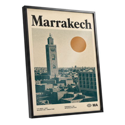 Marrakech Sun Atlas, beige, green, orange minimalist wall art shown as a black framed poster wall art print