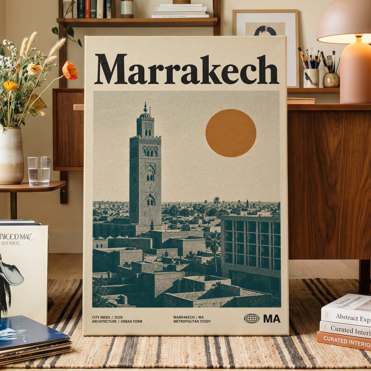 Marrakech Sun Atlas, beige, green, orange minimalist wall art on canvas displayed in a styled interior, gallery view 1