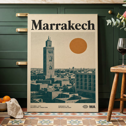 Marrakech Sun Atlas, beige, green, orange minimalist wall art on canvas displayed in a styled interior, gallery view 2