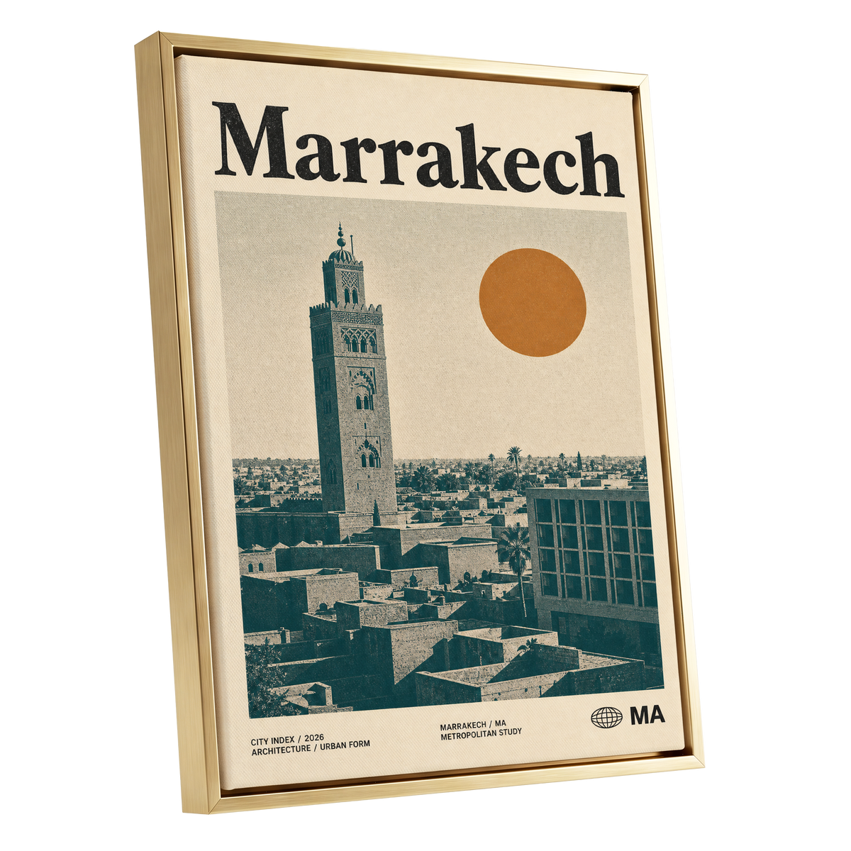 Marrakech Sun Atlas, beige, green, orange minimalist wall art shown as a gold framed canvas wall art