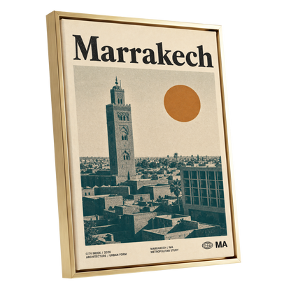 Marrakech Sun Atlas, beige, green, orange minimalist wall art shown as a gold framed canvas wall art