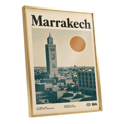 Marrakech Sun Atlas, beige, green, orange minimalist wall art shown as a gold framed poster wall art print