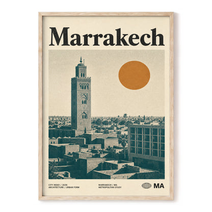 Marrakech Sun Atlas, beige, green, orange minimalist wall art, front artwork view