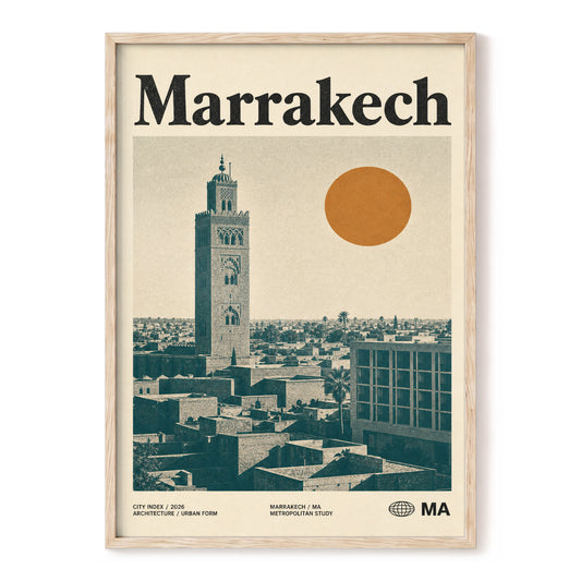 Marrakech Sun Atlas, beige, green, orange minimalist wall art, front artwork view