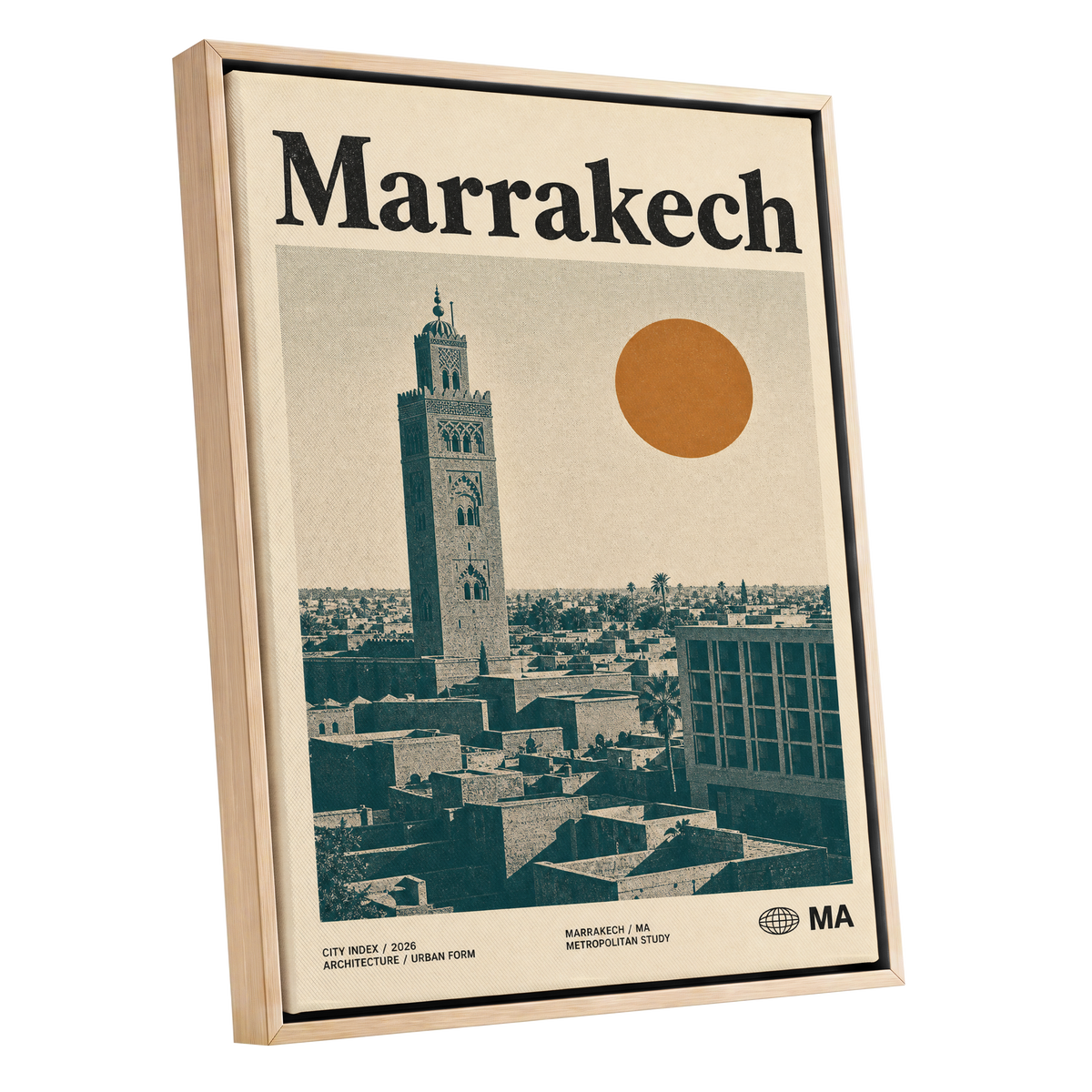 Marrakech Sun Atlas, beige, green, orange minimalist wall art shown as a oak framed canvas wall art