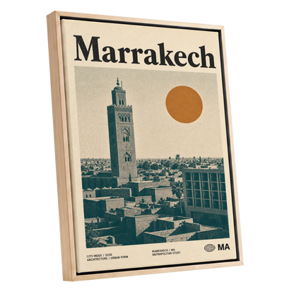 Marrakech Sun Atlas, beige, green, orange minimalist wall art shown as a oak framed canvas wall art