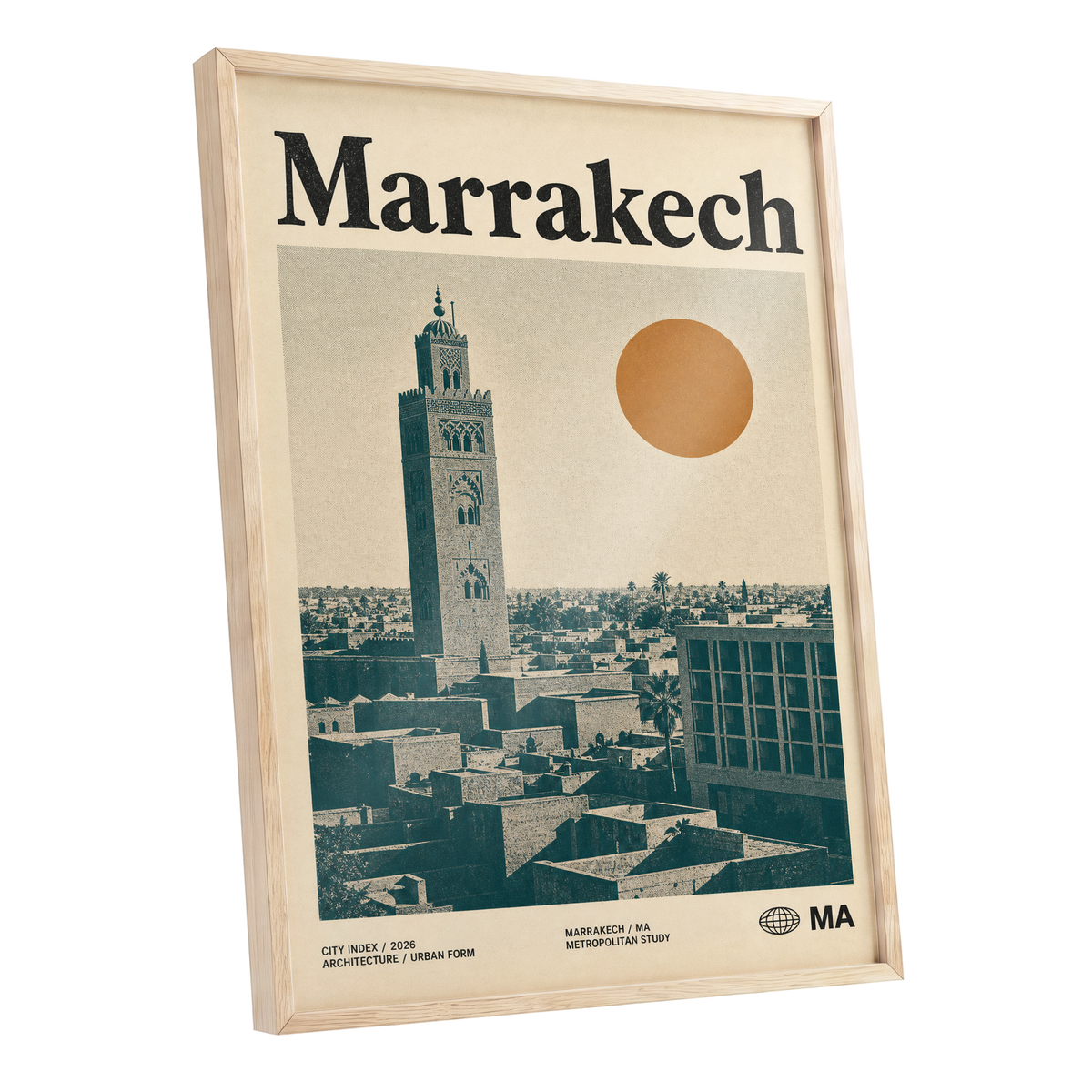 Marrakech Sun Atlas, beige, green, orange minimalist wall art shown as a oak framed poster wall art print