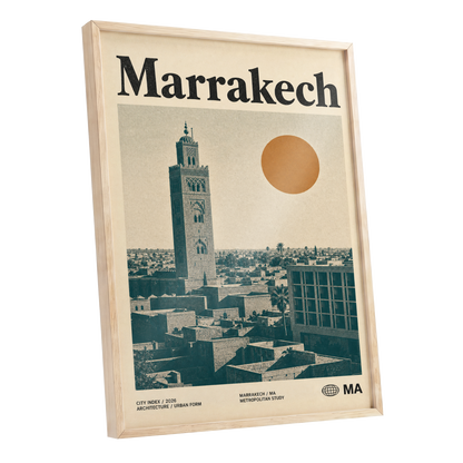 Marrakech Sun Atlas, beige, green, orange minimalist wall art shown as a oak framed poster wall art print