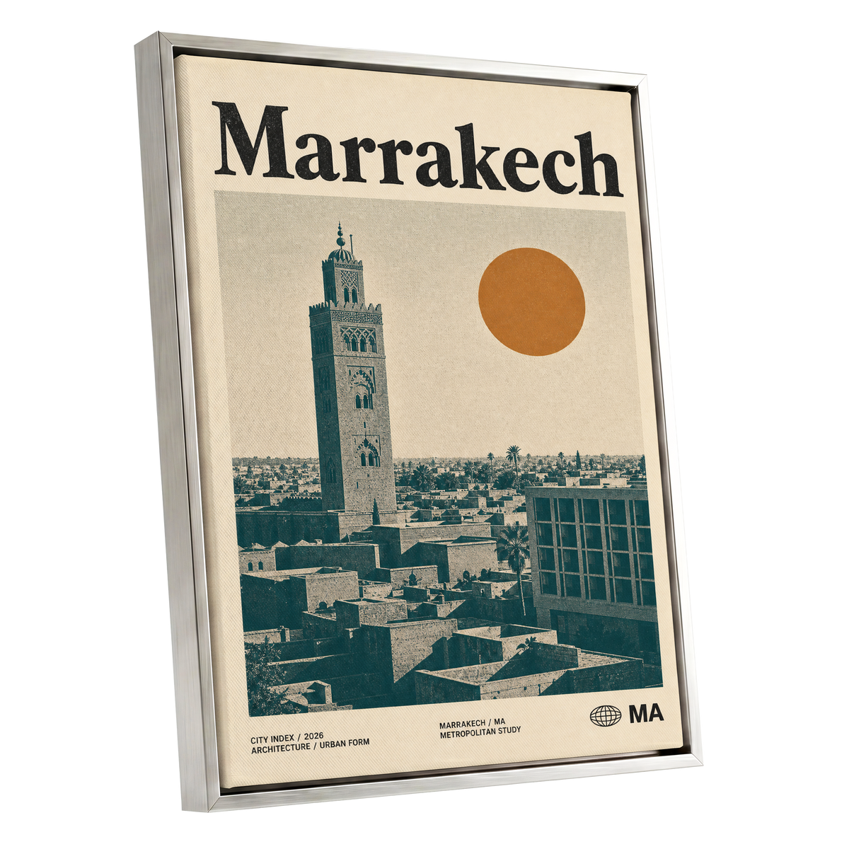 Marrakech Sun Atlas, beige, green, orange minimalist wall art shown as a silver framed canvas wall art