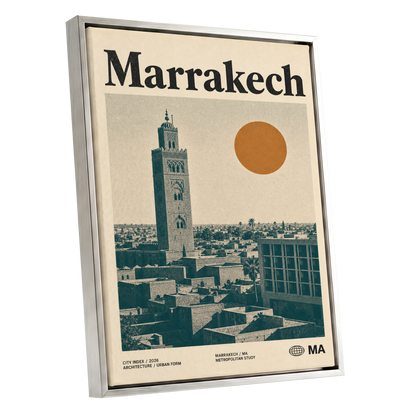 Marrakech Sun Atlas, beige, green, orange minimalist wall art shown as a silver framed canvas wall art