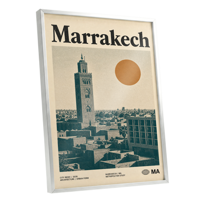 Marrakech Sun Atlas, beige, green, orange minimalist wall art shown as a silver framed poster wall art print