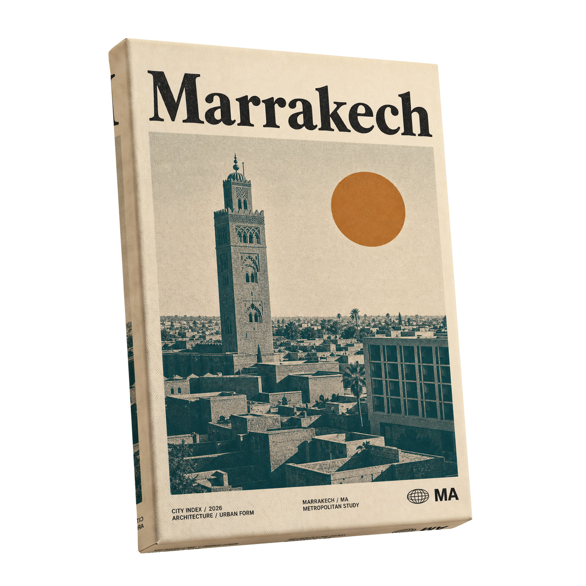 Marrakech Sun Atlas, beige, green, orange minimalist wall art shown as a stretched canvas wall art