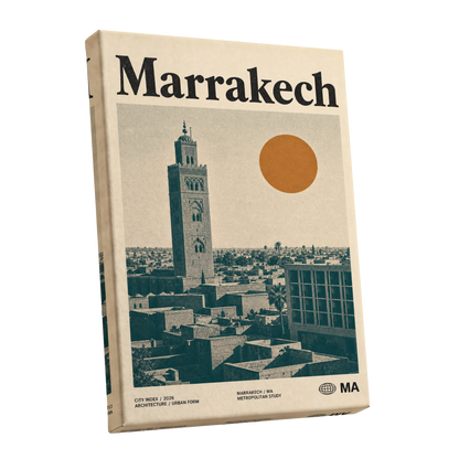 Marrakech Sun Atlas, beige, green, orange minimalist wall art shown as a stretched canvas wall art