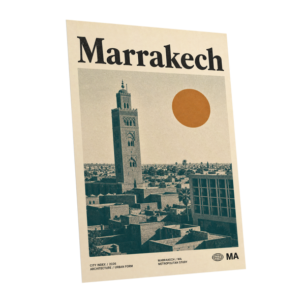 Marrakech Sun Atlas, beige, green, orange minimalist wall art shown as a unframed poster wall art print