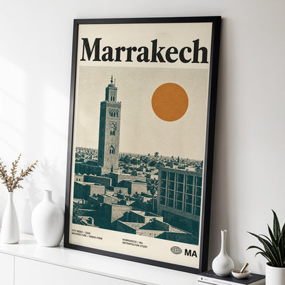 Marrakech Sun Atlas, beige, green, orange minimalist wall art displayed in a styled interior, gallery view 2