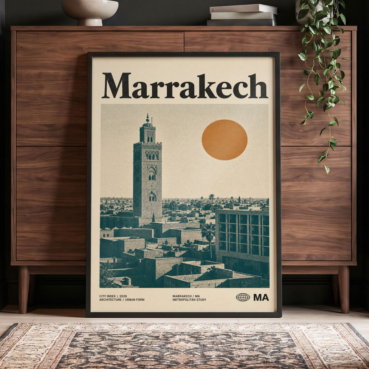 Marrakech Sun Atlas, beige, green, orange minimalist wall art displayed in a styled interior, gallery view 4
