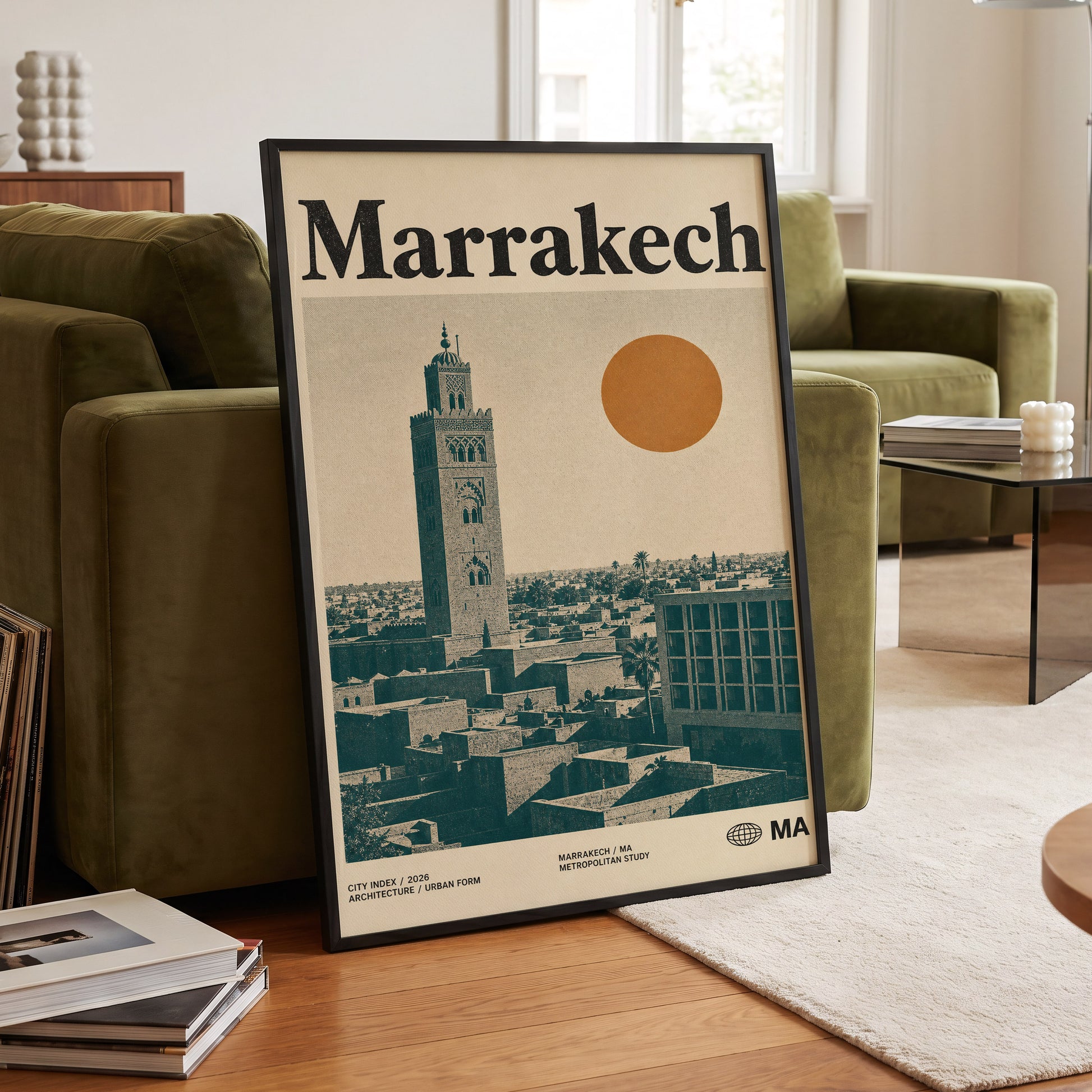 Marrakech Sun Atlas, beige, green, orange minimalist wall art displayed in a styled interior, gallery view 6