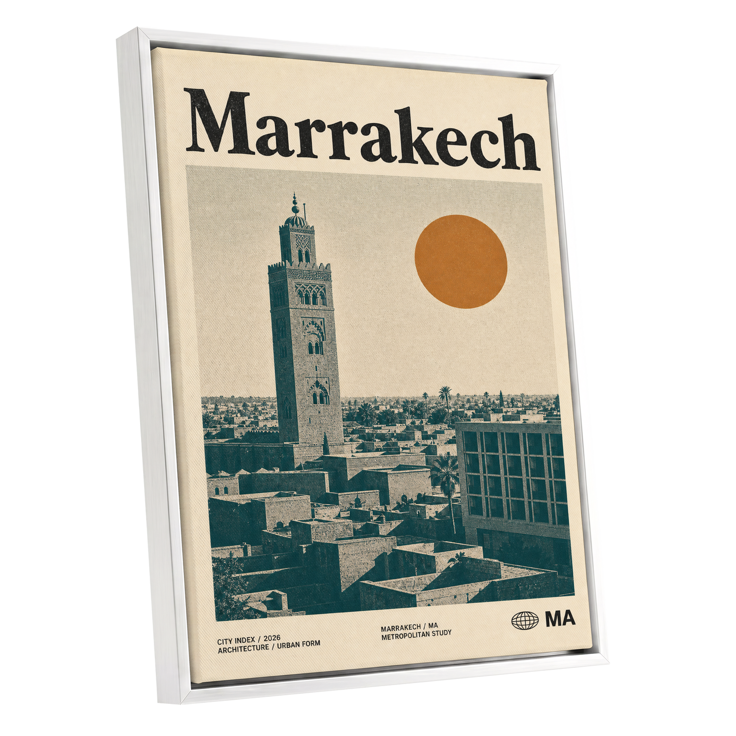 Marrakech Sun Atlas, beige, green, orange minimalist wall art shown as a white framed canvas wall art