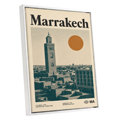 Marrakech Sun Atlas, beige, green, orange minimalist wall art shown as a white framed canvas wall art