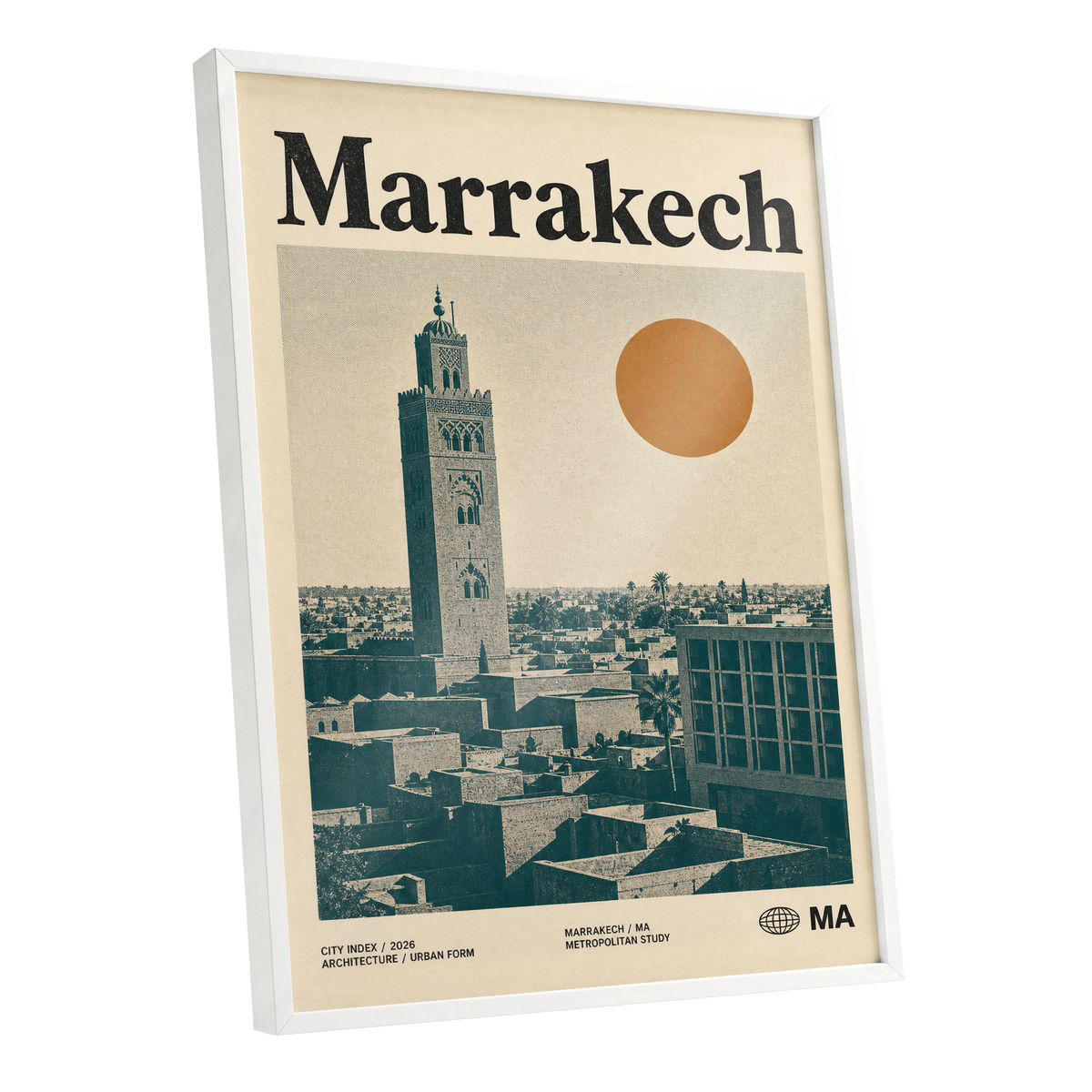 Marrakech Sun Atlas, beige, green, orange minimalist wall art shown as a white framed poster wall art print