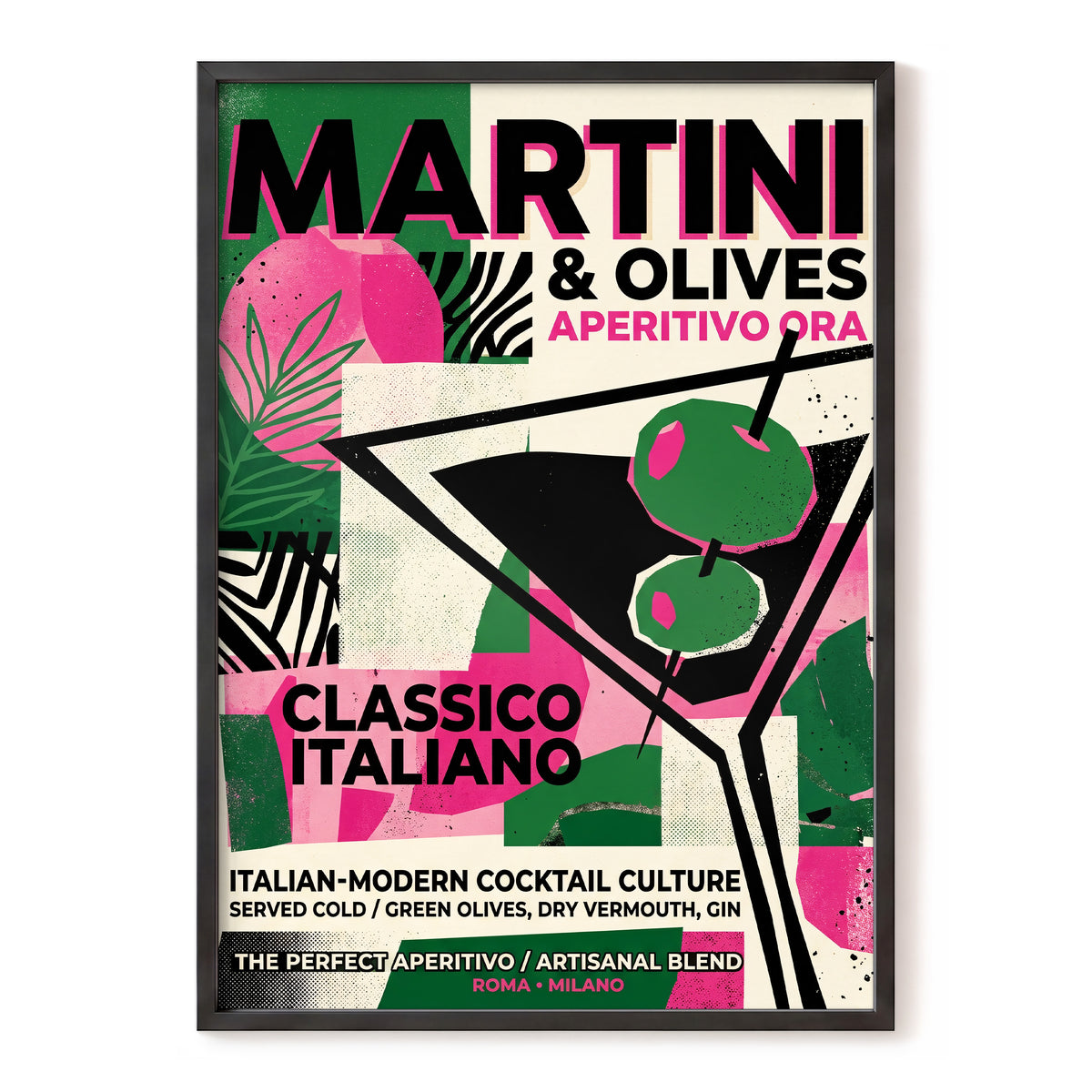 Martini Moderne, black, green, pink abstract wall art, front artwork view