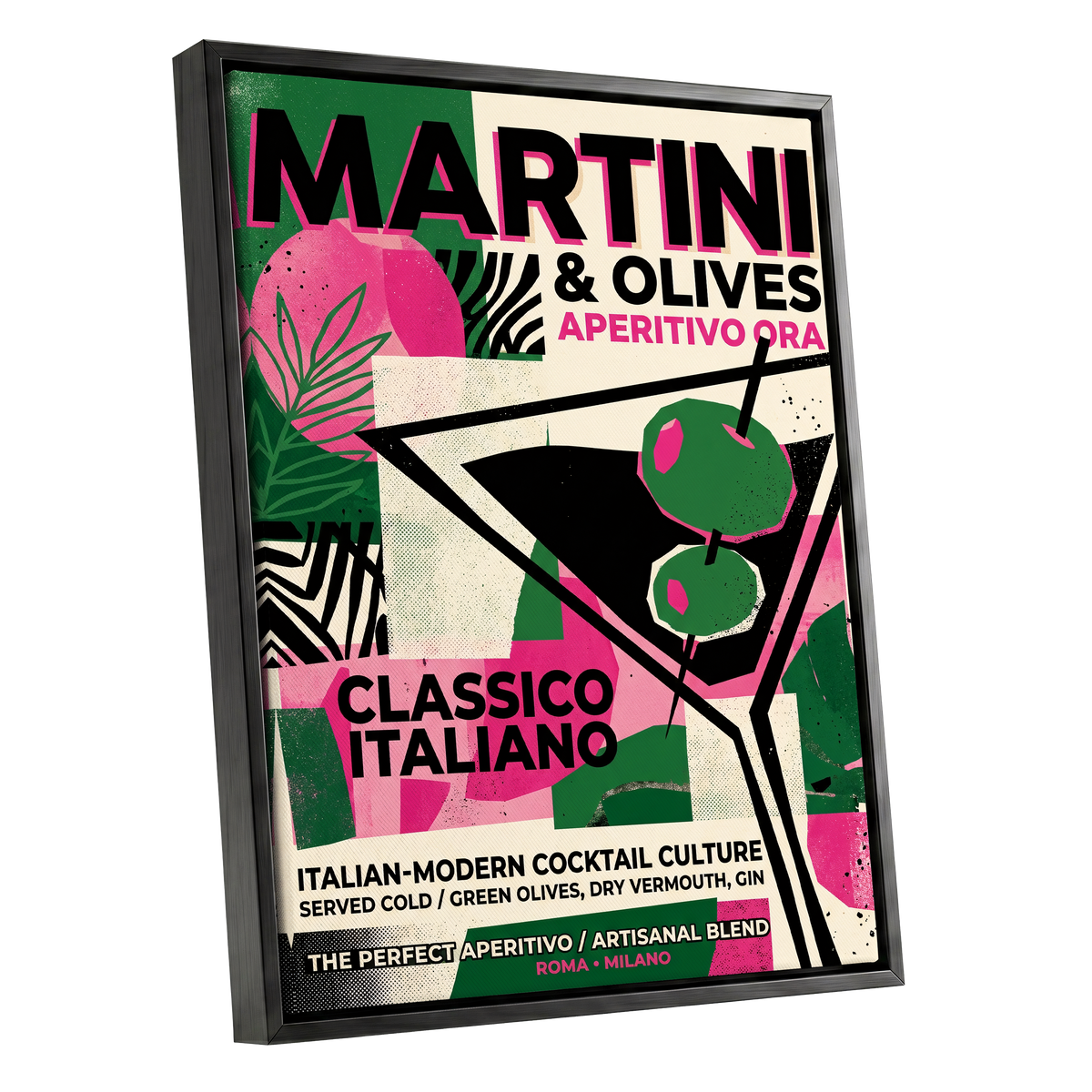Martini Moderne, black, green, pink abstract wall art shown as a black framed canvas wall art