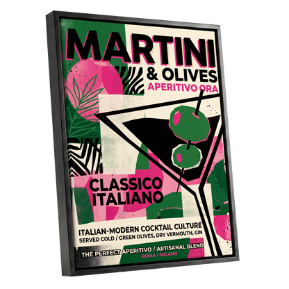 Martini Moderne, black, green, pink abstract wall art shown as a black framed canvas wall art