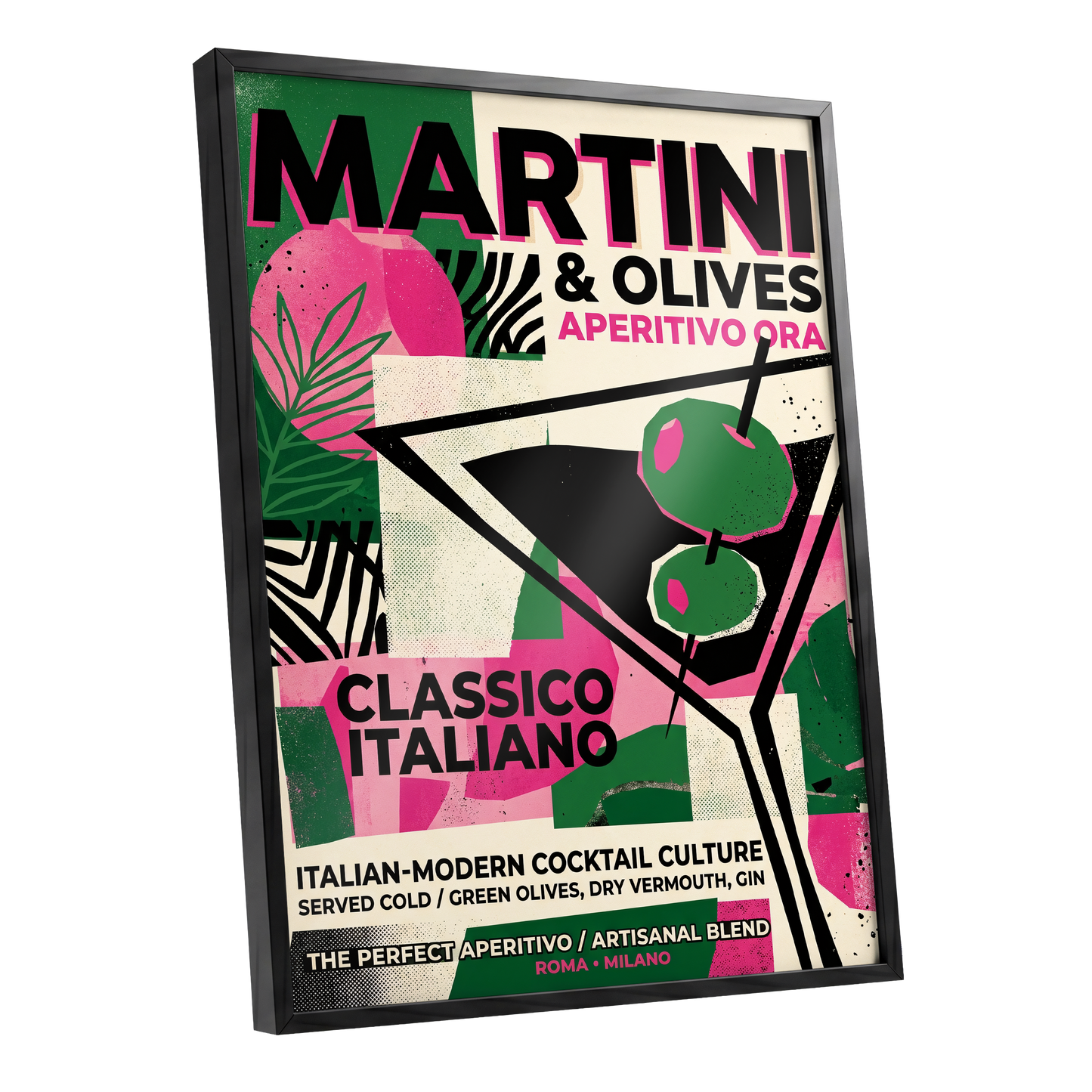 Martini Moderne, black, green, pink abstract wall art shown as a black framed poster wall art print