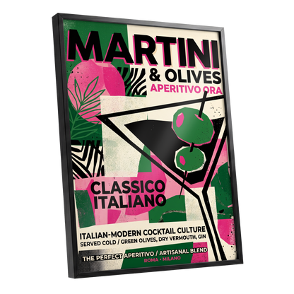Martini Moderne, black, green, pink abstract wall art shown as a black framed poster wall art print