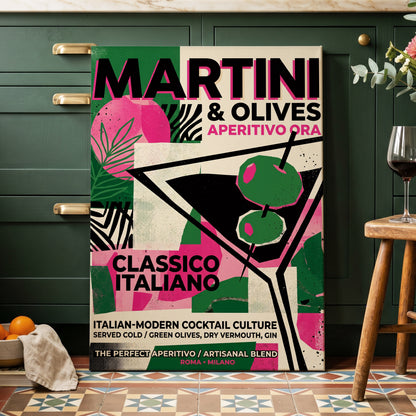 Martini Moderne, black, green, pink abstract wall art on canvas displayed in a styled interior, gallery view 1