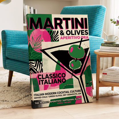 Martini Moderne, black, green, pink abstract wall art on canvas displayed in a styled interior, gallery view 2