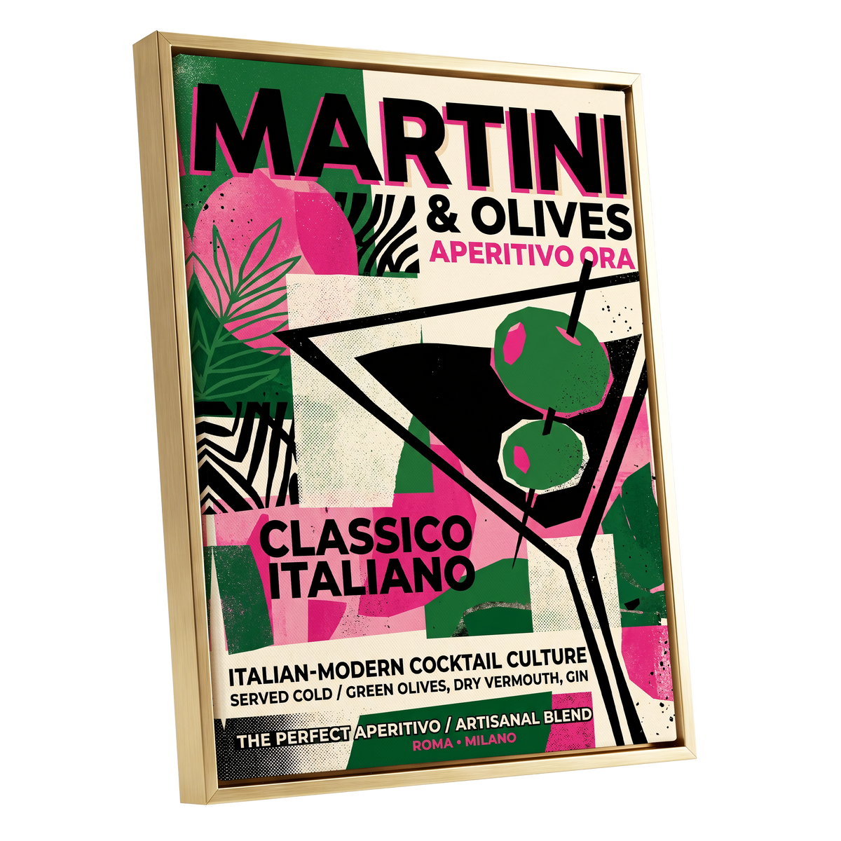 Martini Moderne, black, green, pink abstract wall art shown as a gold framed canvas wall art