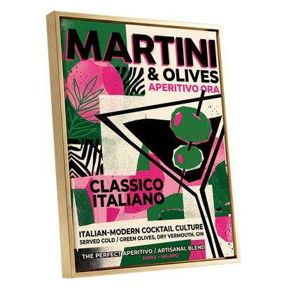 Martini Moderne, black, green, pink abstract wall art shown as a gold framed canvas wall art