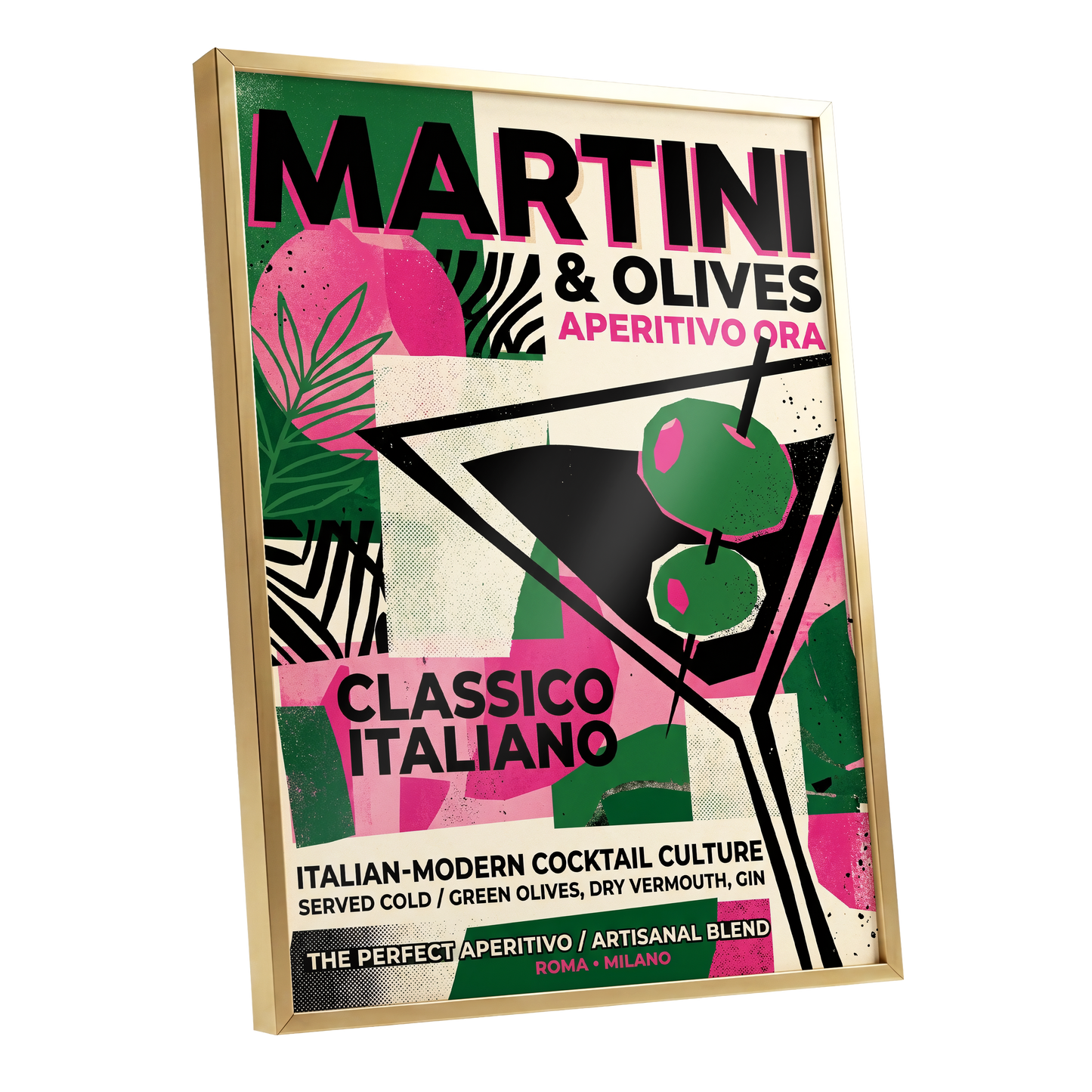 Martini Moderne, black, green, pink abstract wall art shown as a gold framed poster wall art print