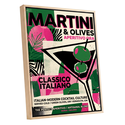 Martini Moderne, black, green, pink abstract wall art shown as a oak framed canvas wall art