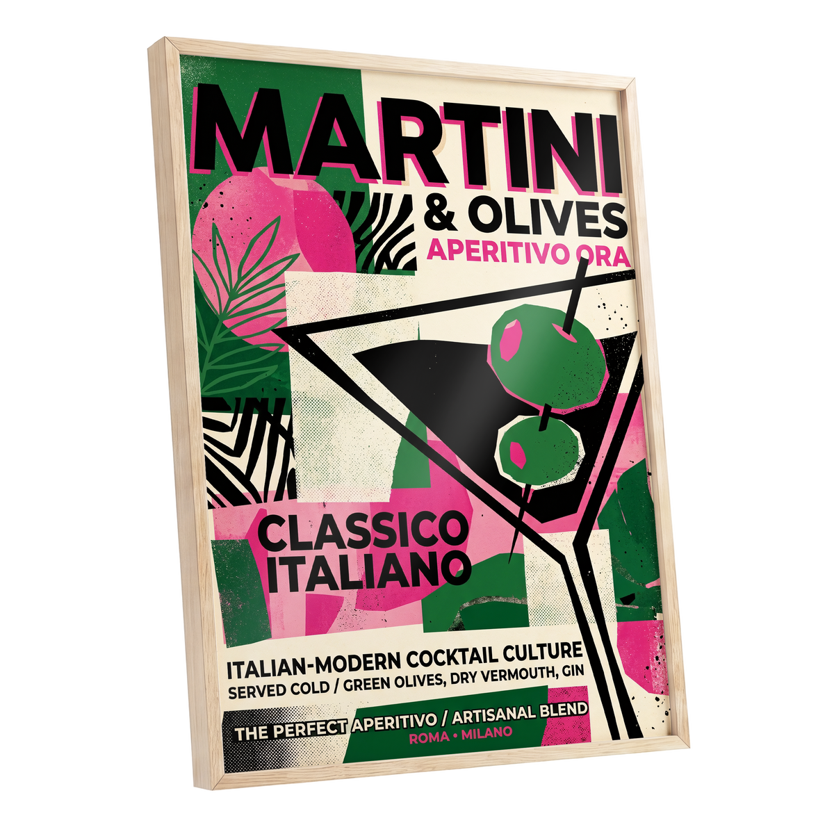 Martini Moderne, black, green, pink abstract wall art shown as a oak framed poster wall art print