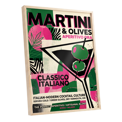Martini Moderne, black, green, pink abstract wall art shown as a oak framed poster wall art print