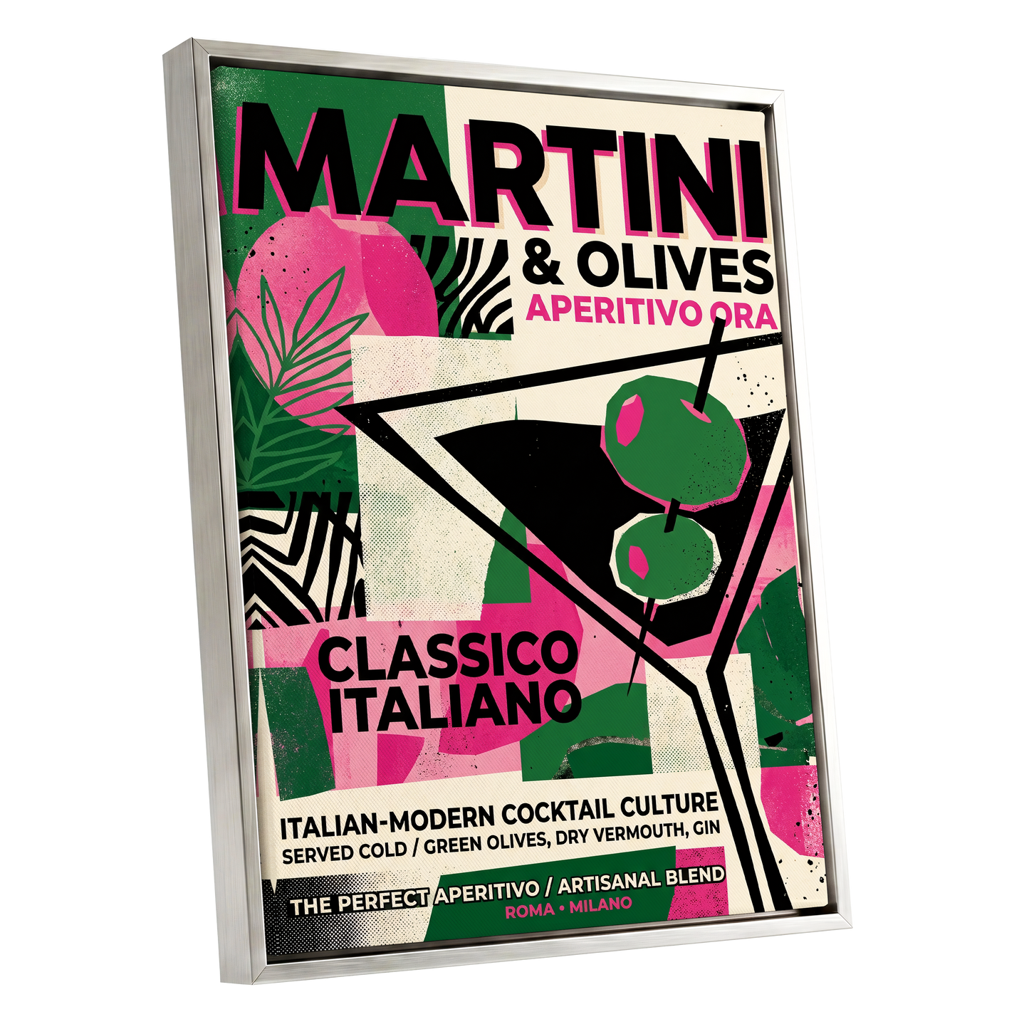 Martini Moderne, black, green, pink abstract wall art shown as a silver framed canvas wall art