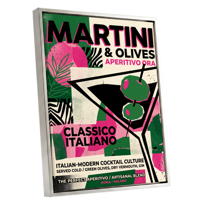 Martini Moderne, black, green, pink abstract wall art shown as a silver framed canvas wall art