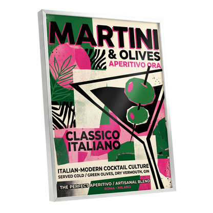Martini Moderne, black, green, pink abstract wall art shown as a silver framed poster wall art print